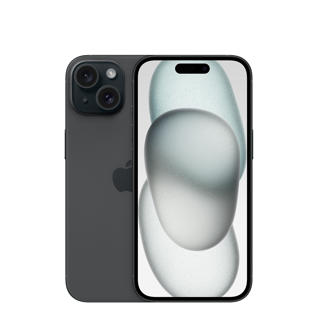 Black iPhone 15, front and back
